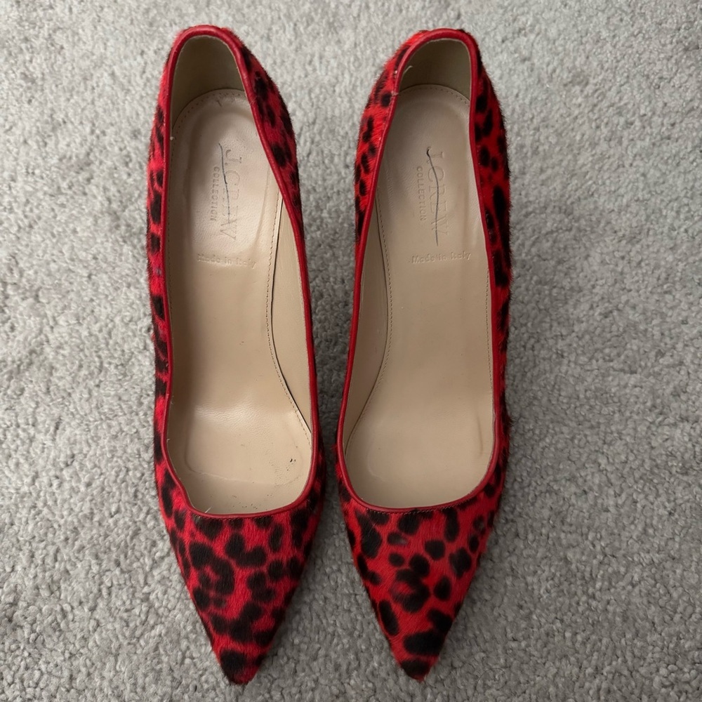 J.Crew Leather Calf Hair Roxie Red Leopard Heels Size 9 Pointed Toe Italy - Picture 2 of 10